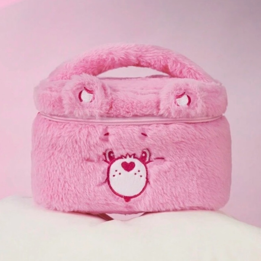 正版聯名 彩虹熊Care Bears 粉紅色毛絨化妝包附手柄 收納包-規格圖11