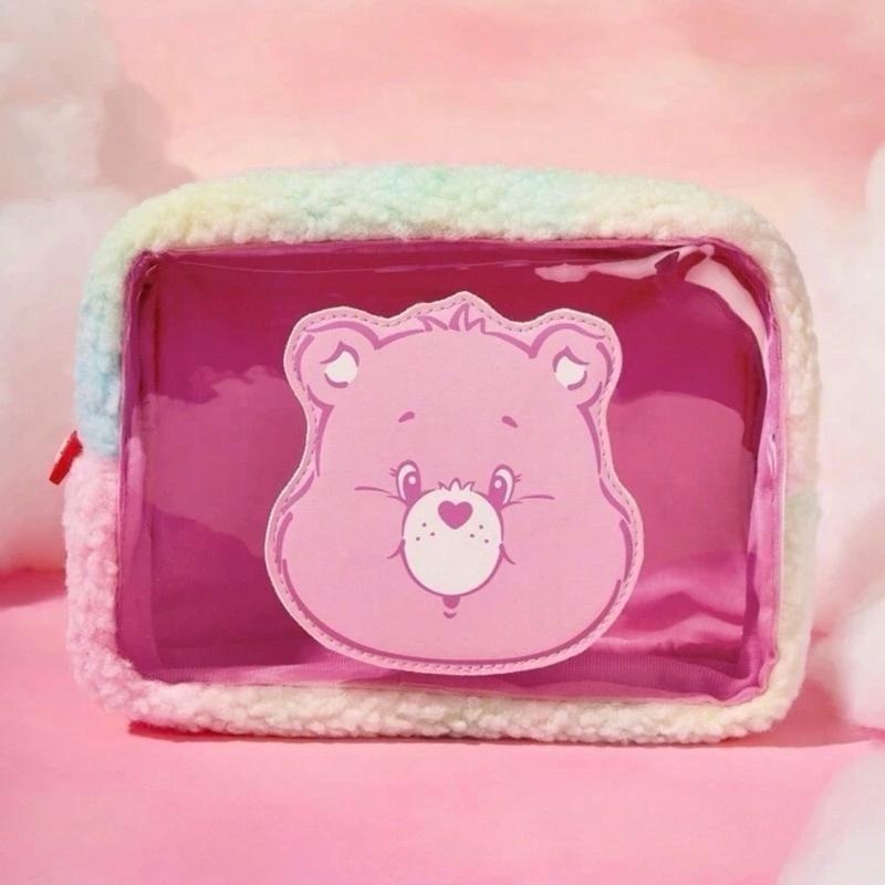 正版聯名 彩虹熊Care Bears 粉紅色毛絨撞色化妝包附手柄 收納包 禮品-細節圖3