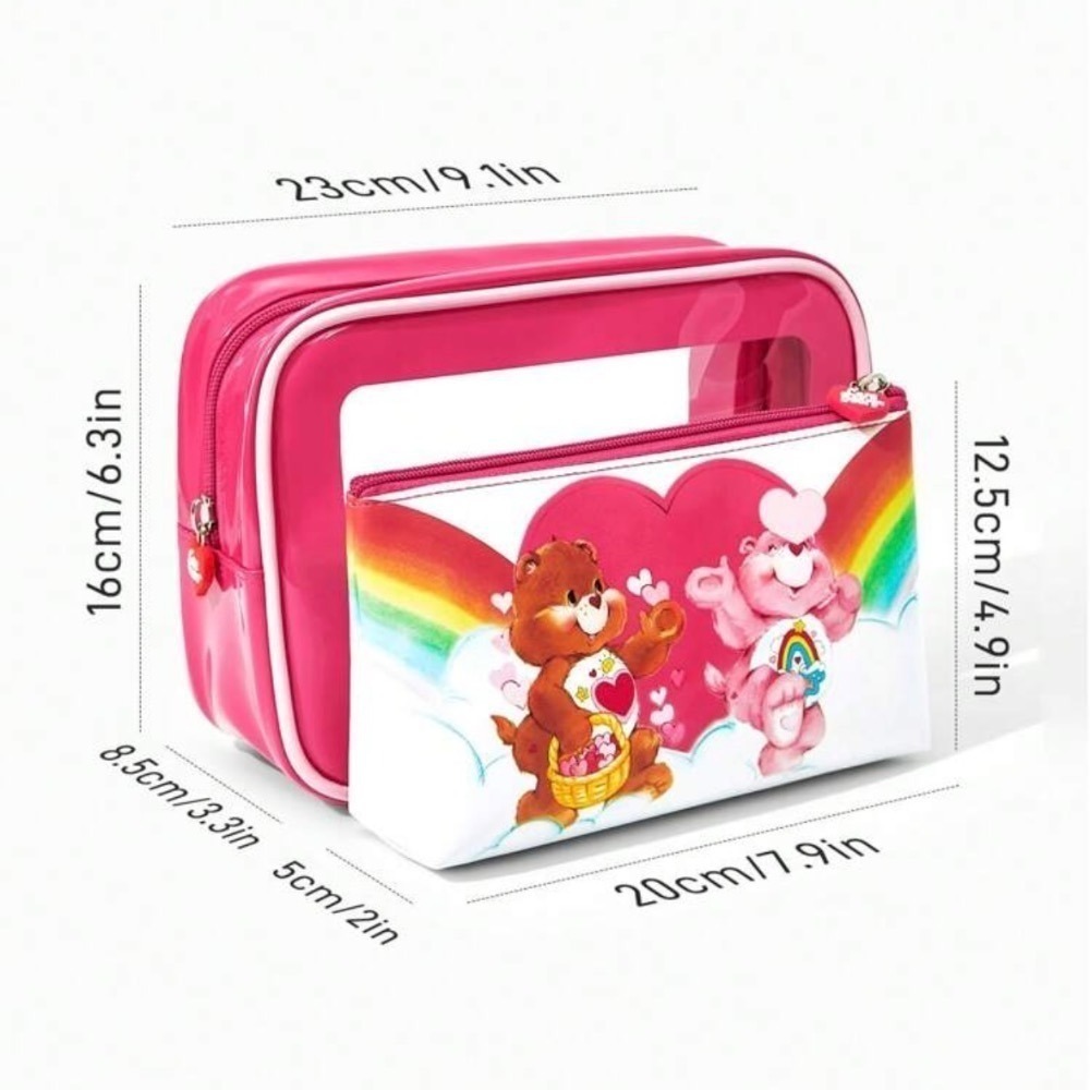 正版聯名 彩虹熊Care Bears 粉紅色毛絨撞色化妝包附手柄 收納包 禮品-規格圖11