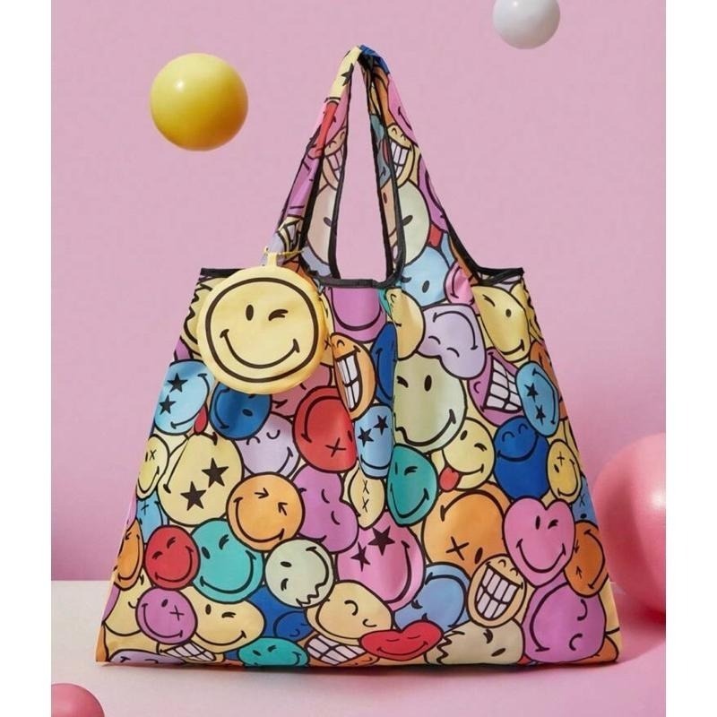 正版聯名 SmileyWorld®卡通笑臉圖案彩色購物袋 可折疊可重複使用手提購物袋-細節圖2