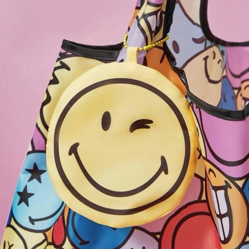 正版聯名 SmileyWorld®卡通笑臉圖案彩色購物袋 可折疊可重複使用手提購物袋-細節圖3