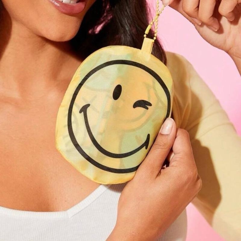 正版聯名 SmileyWorld®卡通笑臉圖案彩色購物袋 可折疊可重複使用手提購物袋-細節圖5