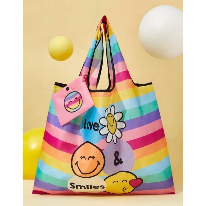 正版聯名 SmileyWorld®卡通笑臉圖案彩色購物袋 可折疊可重複使用手提購物袋-規格圖6