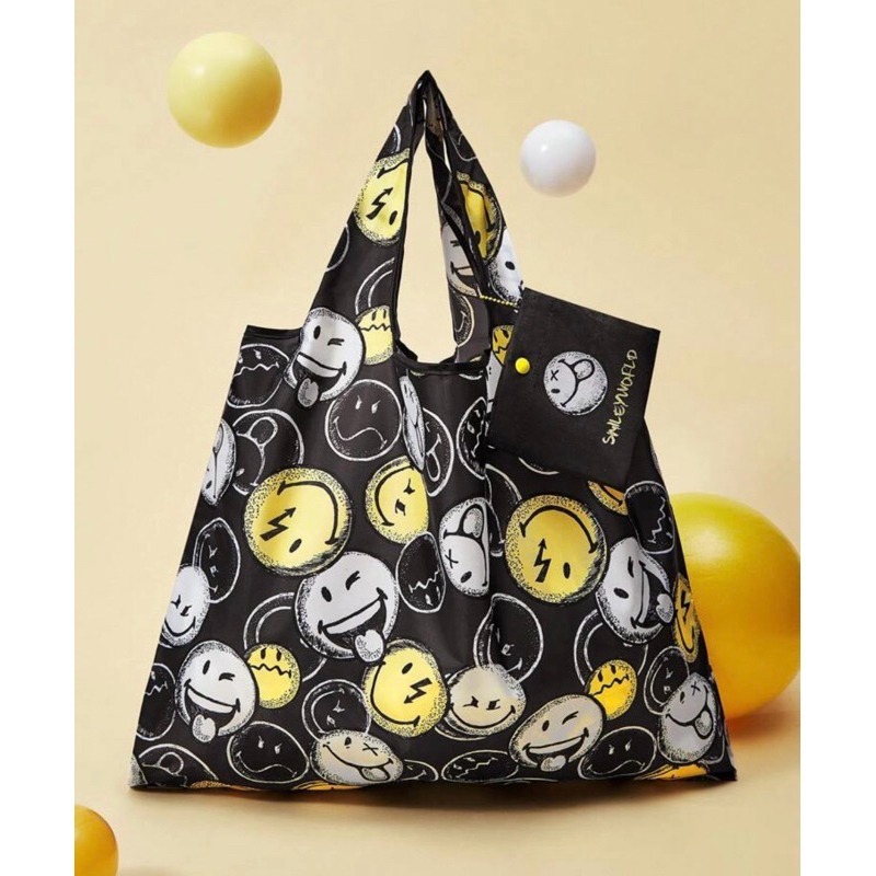 正版聯名 SmileyWorld®卡通笑臉圖案彩色購物袋 可折疊可重複使用手提購物袋-規格圖6