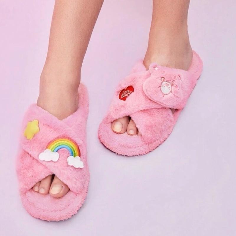 正版聯名 彩虹熊Care Bears 女生款毛絨3D可愛彩虹熊與星星裝飾室內拖鞋 室內拖-細節圖3