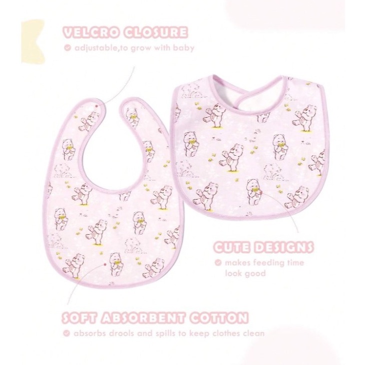 正版聯名 彩虹熊Care Bears 4 件組棉質卡通熊印花嬰兒圍兜 口水巾-細節圖2