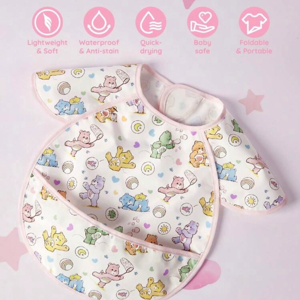 正版聯名 彩虹熊Care Bears 0-3歲嬰兒防水防油圍兜 防水罩衣 吃飯圍兜-細節圖2