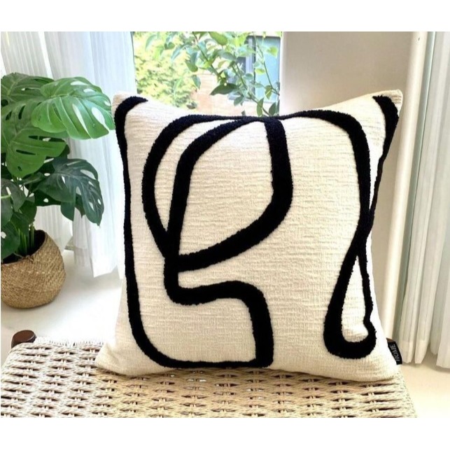 條紋雪尼爾布料刺繡裝飾枕套(不附帶枕頭芯)1入組 現代簡約風抱枕枕套 方形抱枕 靠背枕 沙發抱枕-細節圖5