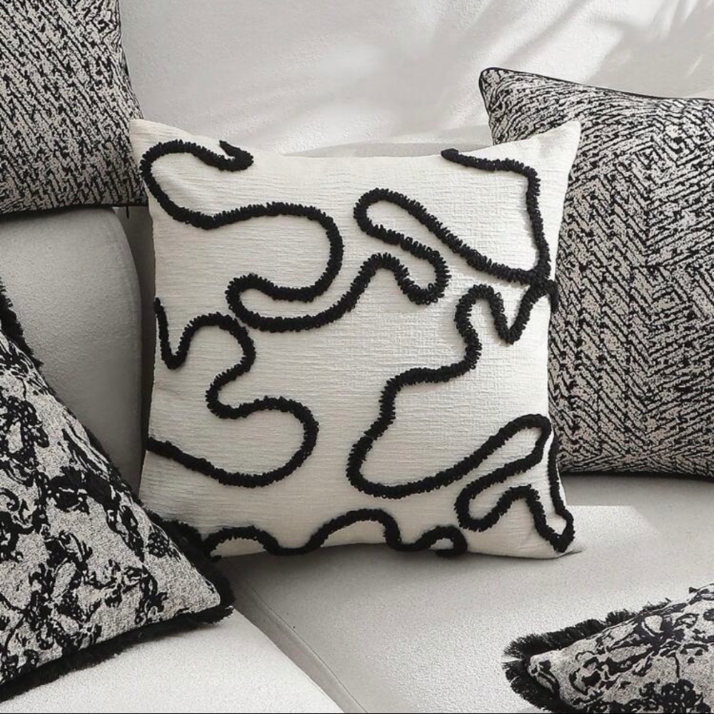 黑色不對稱抽象線枕套 北歐風格雪尼爾裝飾靠枕套（不含枕心）-細節圖2