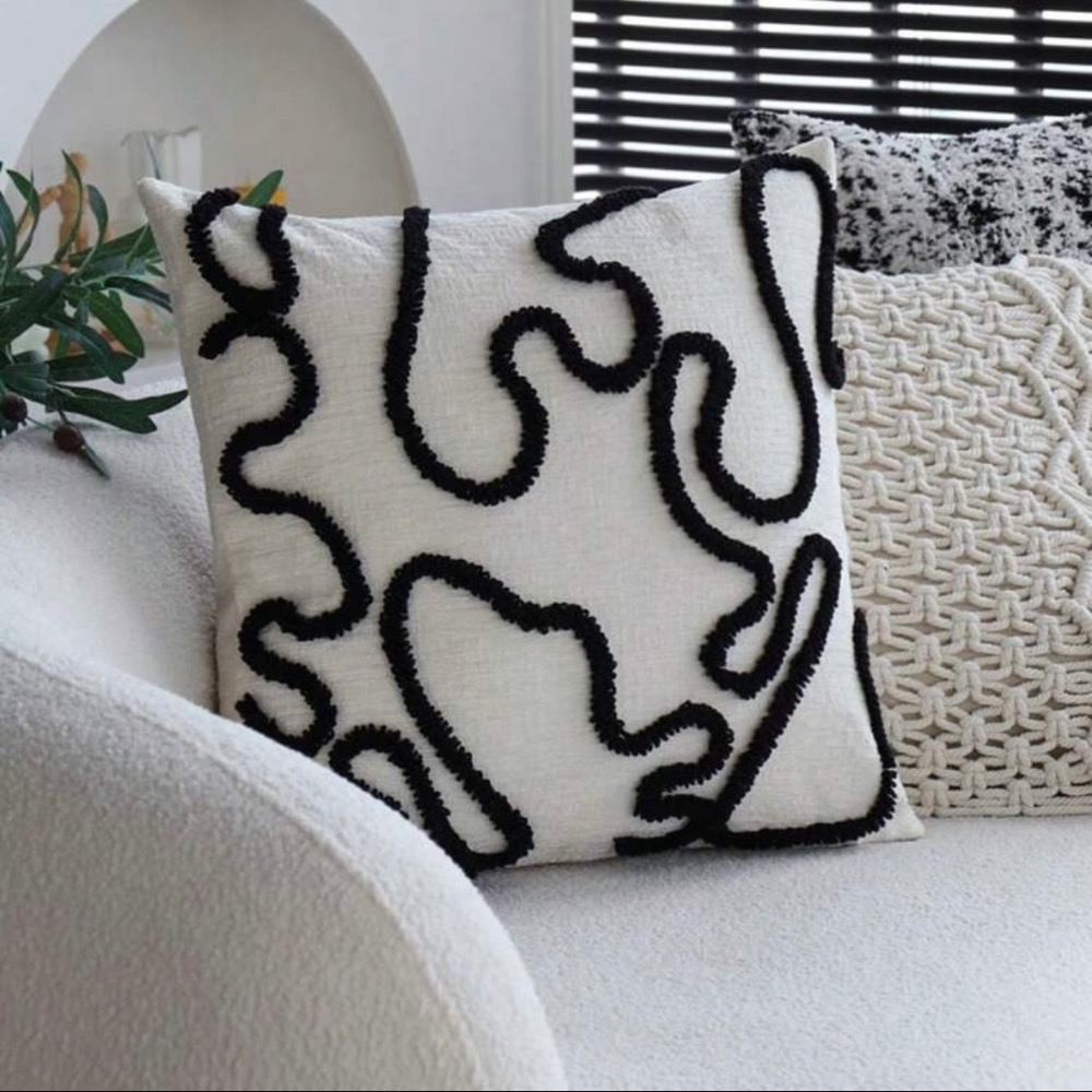 黑色不對稱抽象線枕套 北歐風格雪尼爾裝飾靠枕套（不含枕心）-細節圖3