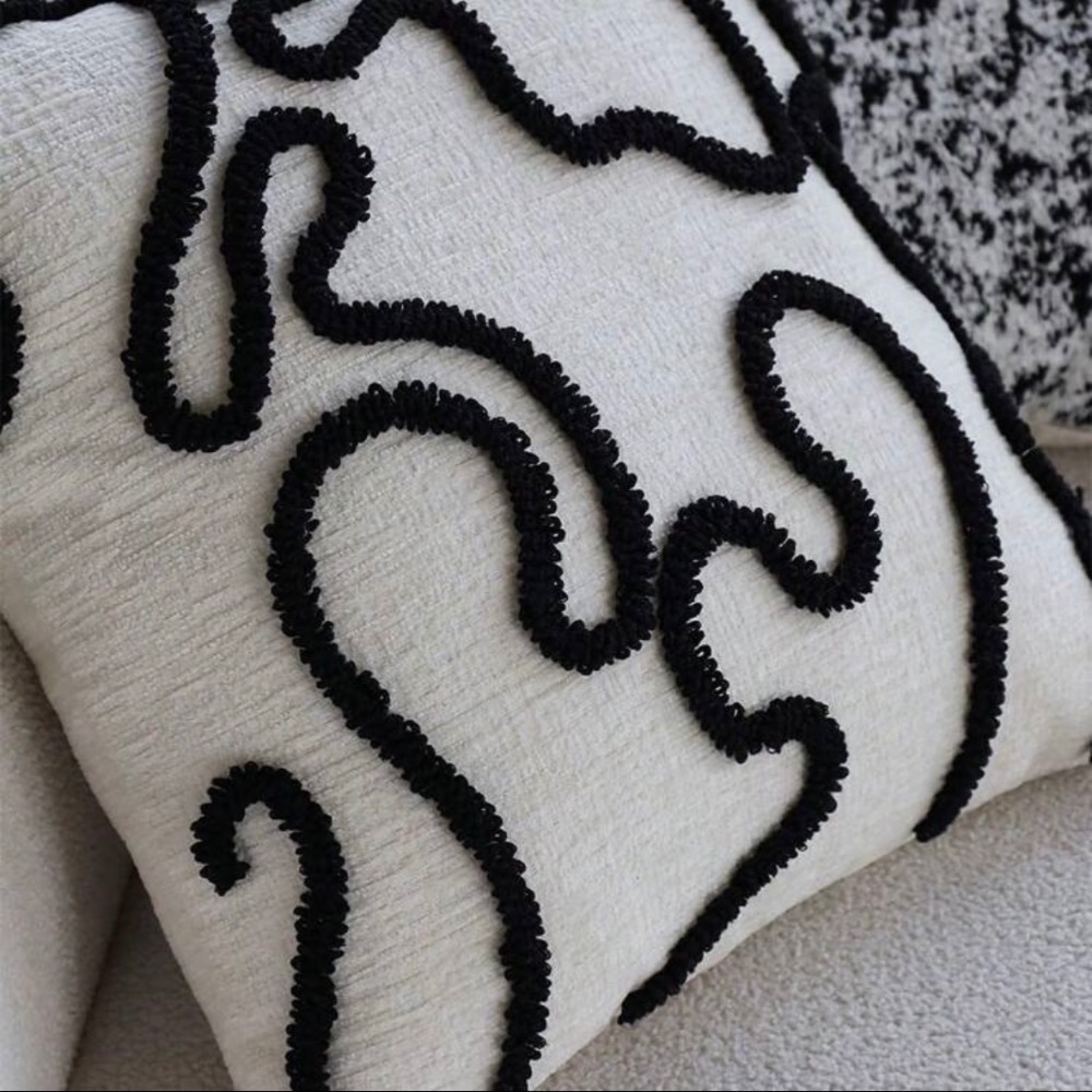 黑色不對稱抽象線枕套 北歐風格雪尼爾裝飾靠枕套（不含枕心）-細節圖5