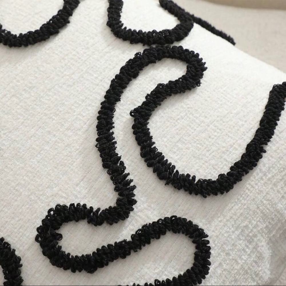 黑色不對稱抽象線枕套 北歐風格雪尼爾裝飾靠枕套（不含枕心）-細節圖6