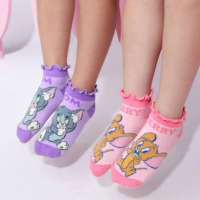 正版聯名 TOM&amp;JERRY湯姆貓和傑利鼠  2入組粉紫色女孩卡通棉質童襪