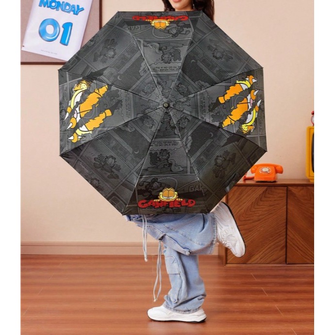 正版聯名 GARFIELD加菲貓 黑色造型自動開合三折自動傘 黑膠防曬塗層抗UV防曬雨傘-細節圖2