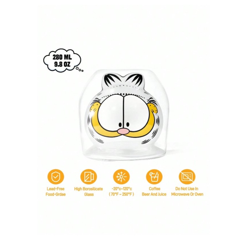 正版聯名 GARFIELD加菲貓 300ml卡通圖案高硼硅透明玻璃杯 耐熱水杯 杯子-細節圖4