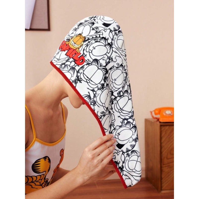 正版聯名 GARFIELD加菲貓 卡通珊瑚绒刺繡乾髮巾 吸水乾髮帽-細節圖4