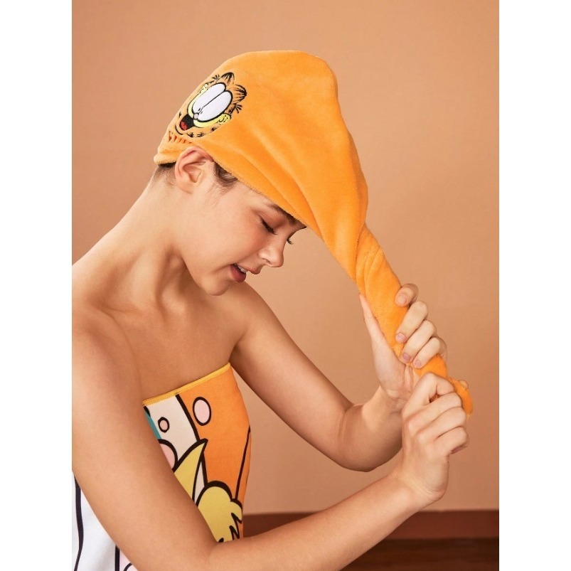 正版聯名 GARFIELD加菲貓 卡通珊瑚绒刺繡乾髮巾 吸水乾髮帽-細節圖3