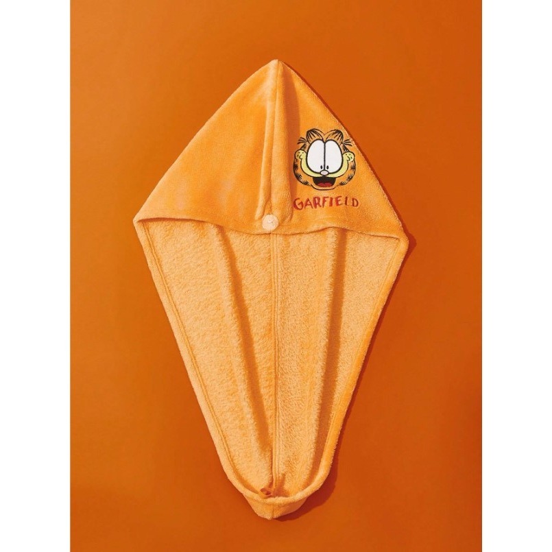 正版聯名 GARFIELD加菲貓 卡通珊瑚绒刺繡乾髮巾 吸水乾髮帽-細節圖5
