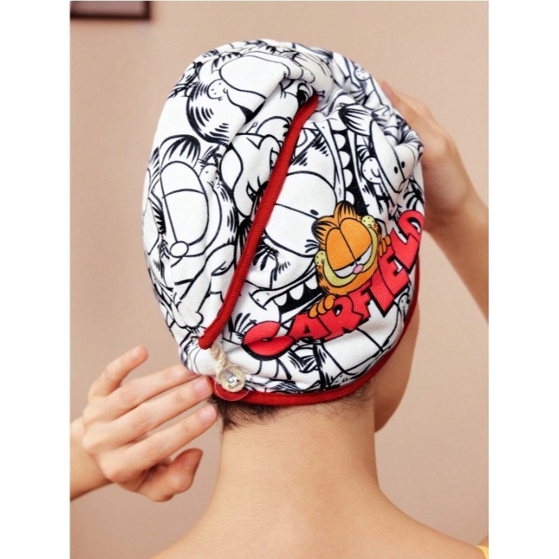 正版聯名 GARFIELD加菲貓 卡通珊瑚绒刺繡乾髮巾 吸水乾髮帽-細節圖9