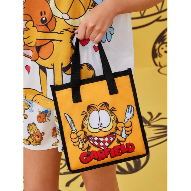 正版聯名 GARFIELD加菲貓 卡通圖案手提包 大容量保温野餐袋 便當包-細節圖2