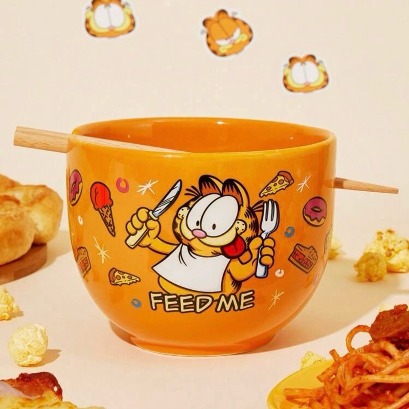 正版聯名 GARFIELD加菲貓 卡通圖案620ml大容量陶瓷泡麵碗(附筷子)+贈手提便當袋-細節圖2