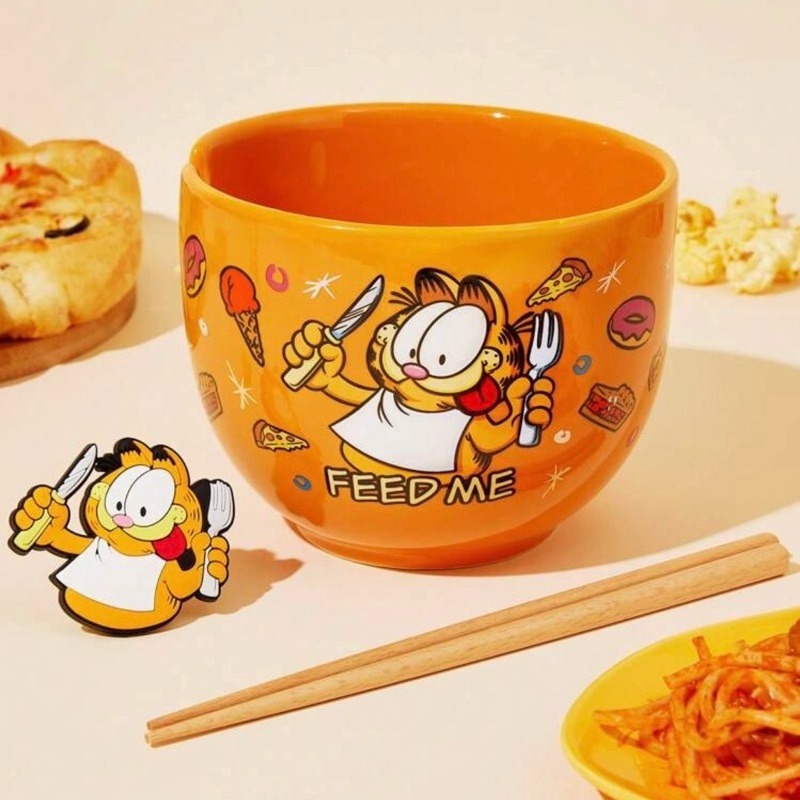 正版聯名 GARFIELD加菲貓 卡通圖案620ml大容量陶瓷泡麵碗(附筷子)+贈手提便當袋-細節圖3