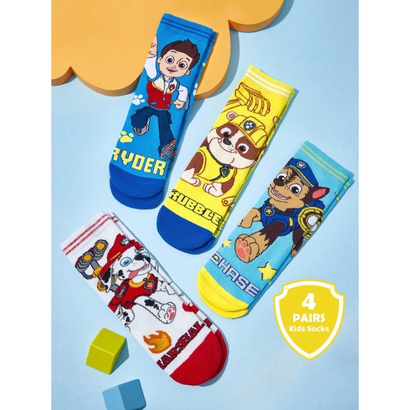 正版聯名 汪汪隊 PAW Patrol 四入組棉質柔軟兒童襪 吸濕排汗男童中筒襪-細節圖2