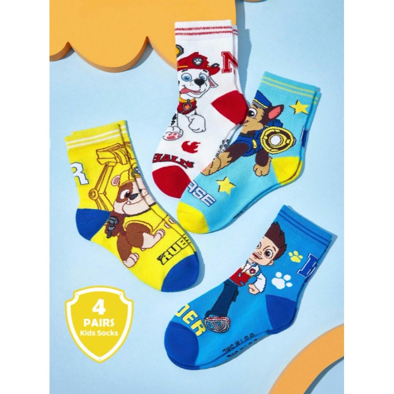 正版聯名 汪汪隊 PAW Patrol 四入組棉質柔軟兒童襪 吸濕排汗男童中筒襪-細節圖9