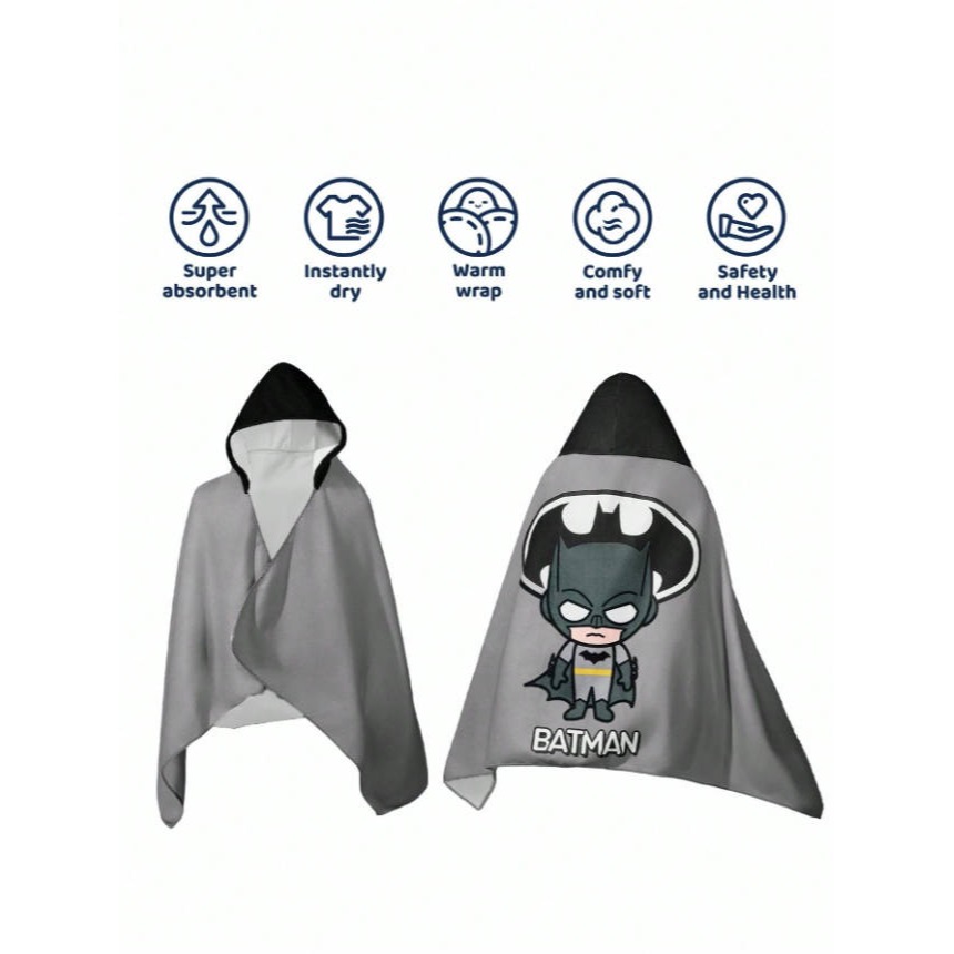 正版聯名 BATMAN蝙蝠俠 超級英雄可愛卡通英雄灰色連帽浴巾，超強吸水-細節圖6
