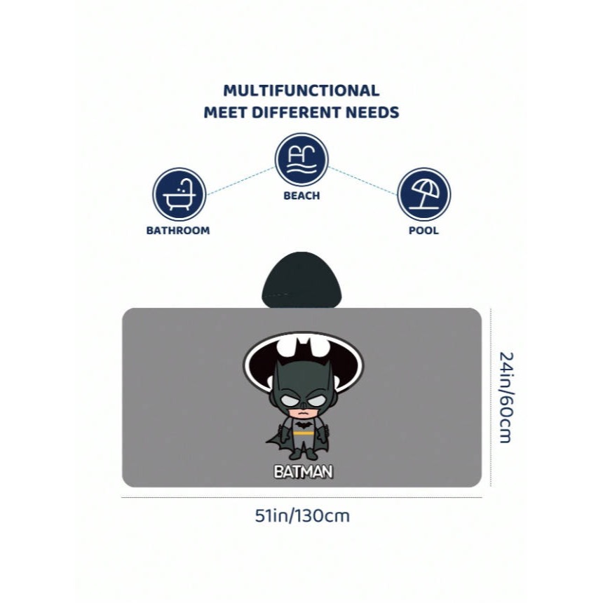 正版聯名 BATMAN蝙蝠俠 超級英雄可愛卡通英雄灰色連帽浴巾，超強吸水-細節圖7