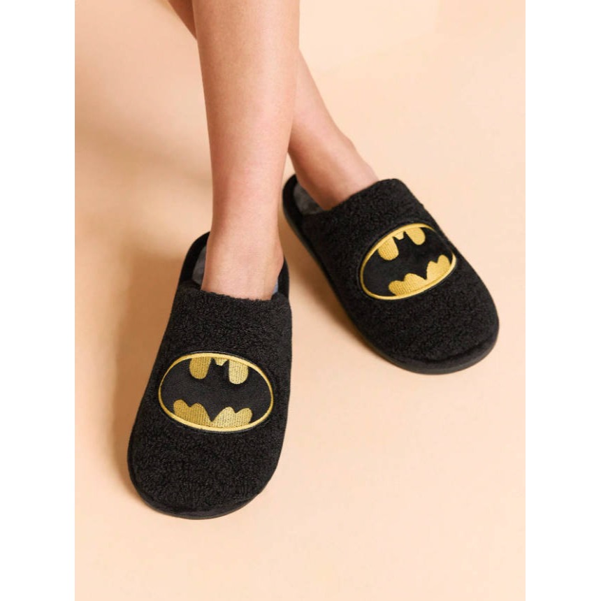 正版聯名 BATMAN蝙蝠俠 超級英雄黑色蝙蝠毛絨防滑室內拖鞋 保暖拖鞋-細節圖2