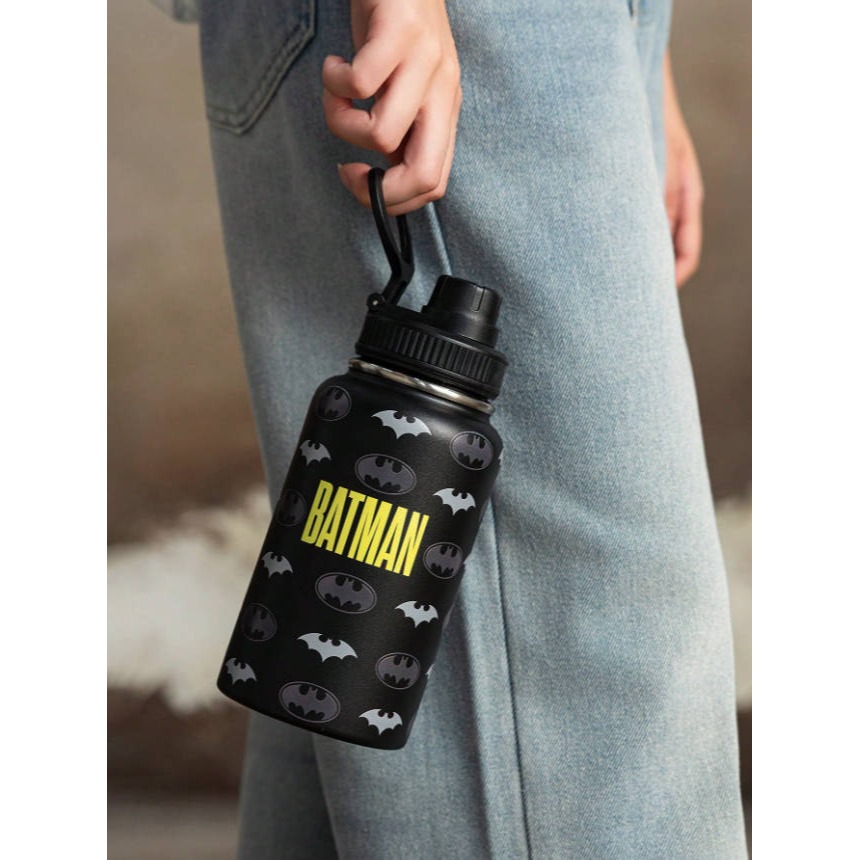 正版聯名 BATMAN蝙蝠俠 超級英雄蝙蝠圖案黑色700ml不鏽鋼保溫杯 帶手柄運動水壺-細節圖2