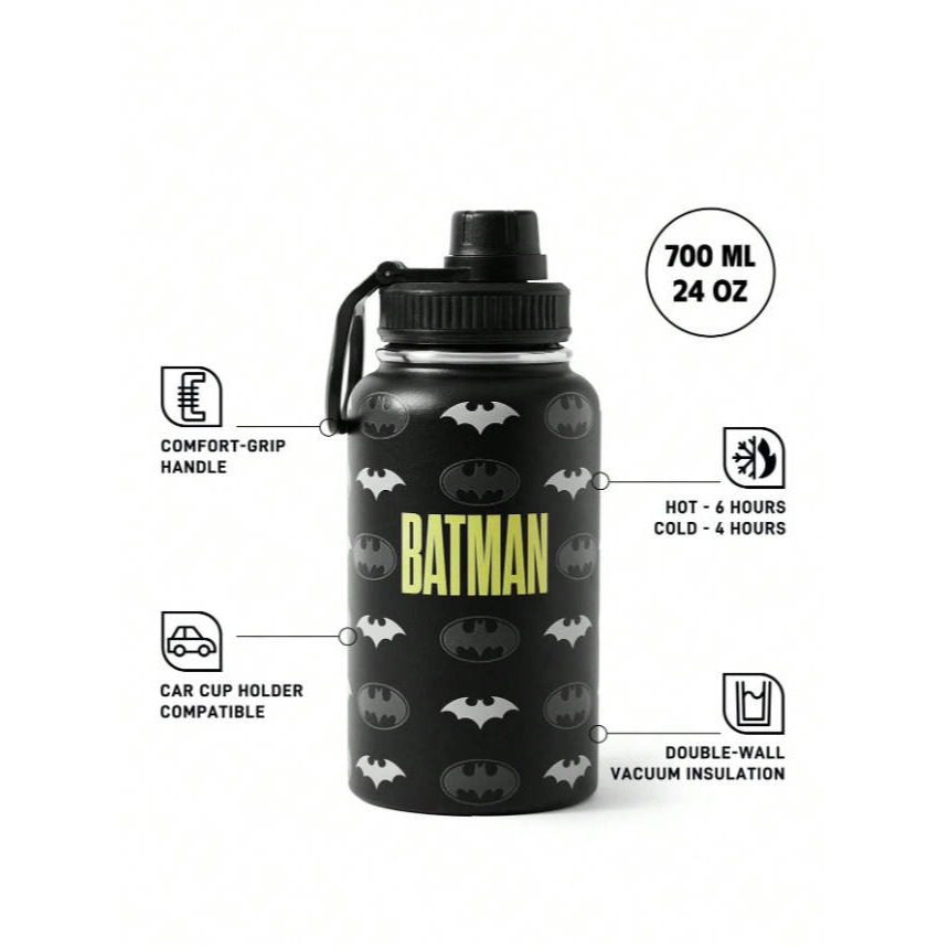 正版聯名 BATMAN蝙蝠俠 超級英雄蝙蝠圖案黑色700ml不鏽鋼保溫杯 帶手柄運動水壺-細節圖5