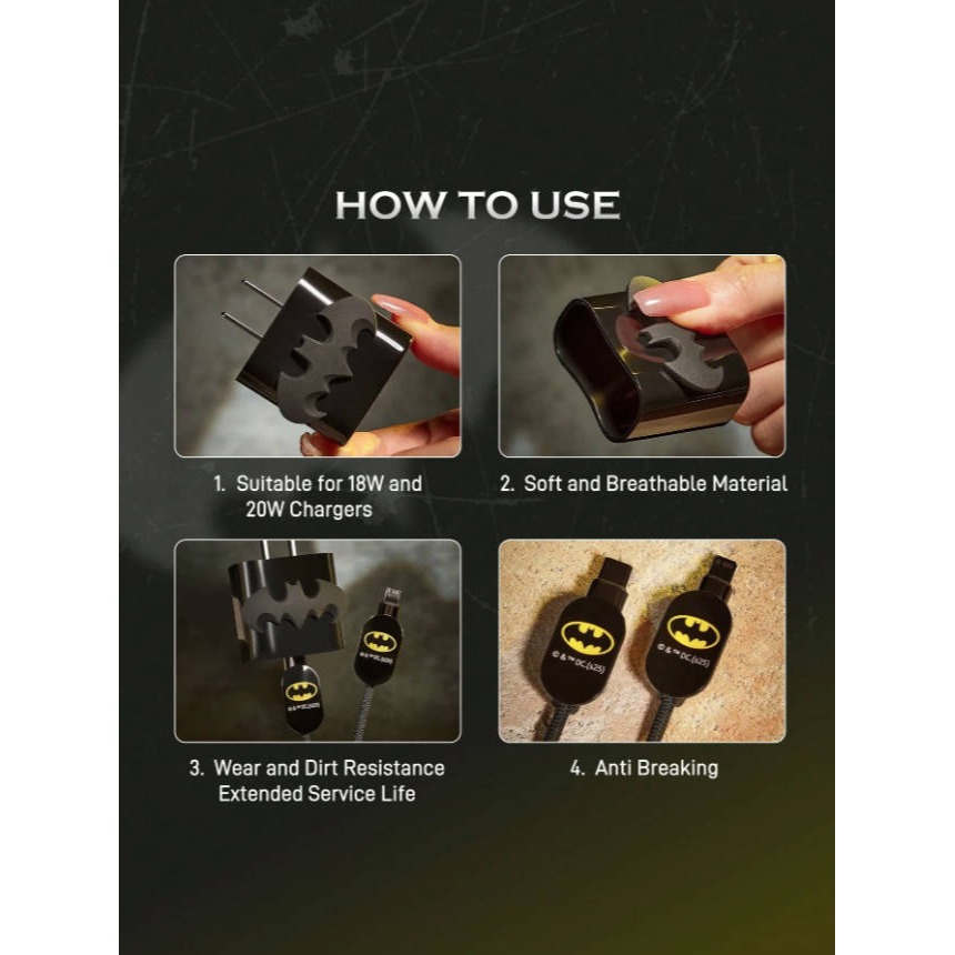 正版聯名 BATMAN蝙蝠俠 超級英雄蝙蝠圖案黑色充電線保護套 充電線整理收納 線套-細節圖5
