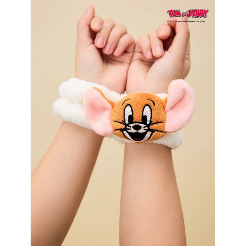 正版聯名 TOM&JERRY湯姆貓和傑利鼠 2入組老鼠圖案毛絨洗臉伸縮毛巾手帶-細節圖5