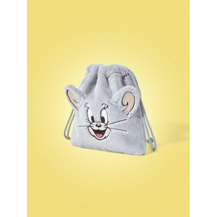 正版聯名 TOM&JERRY湯姆貓和傑利鼠 卡通老鼠刺繡灰色毛絨抽繩束口包 手拿包 收納袋-細節圖2