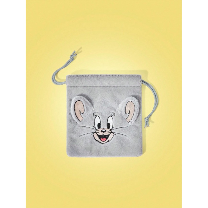 正版聯名 TOM&JERRY湯姆貓和傑利鼠 卡通老鼠刺繡灰色毛絨抽繩束口包 手拿包 收納袋-細節圖3