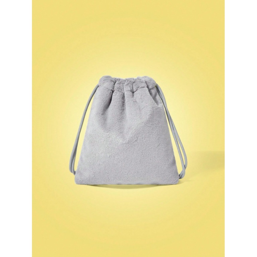 正版聯名 TOM&JERRY湯姆貓和傑利鼠 卡通老鼠刺繡灰色毛絨抽繩束口包 手拿包 收納袋-細節圖5