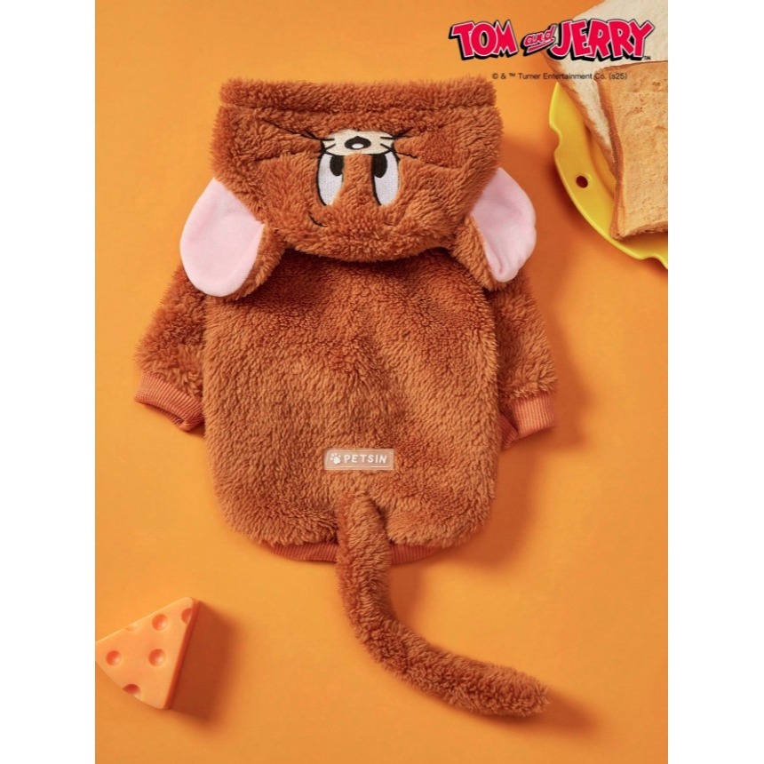 正版聯名 TOM&JERRY湯姆貓和傑利鼠 可愛老鼠寵物衣服 連帽加厚寵物外套 寵物保暖背心 寵物毛絨衣服 狗狗衣服-細節圖2