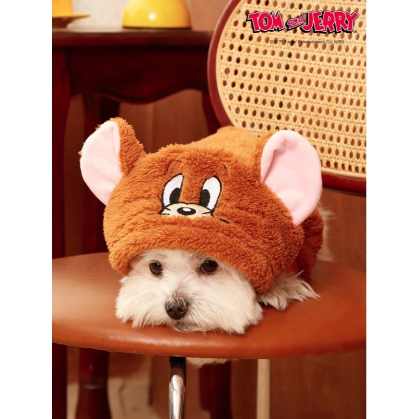 正版聯名 TOM&JERRY湯姆貓和傑利鼠 可愛老鼠寵物衣服 連帽加厚寵物外套 寵物保暖背心 寵物毛絨衣服 狗狗衣服-細節圖3