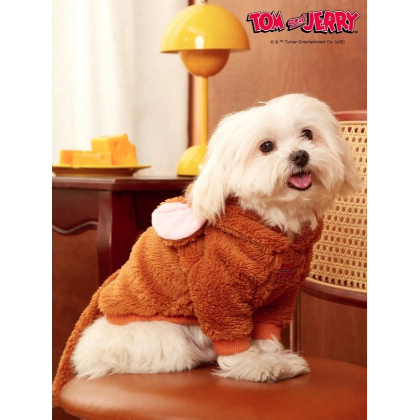 正版聯名 TOM&JERRY湯姆貓和傑利鼠 可愛老鼠寵物衣服 連帽加厚寵物外套 寵物保暖背心 寵物毛絨衣服 狗狗衣服-細節圖7