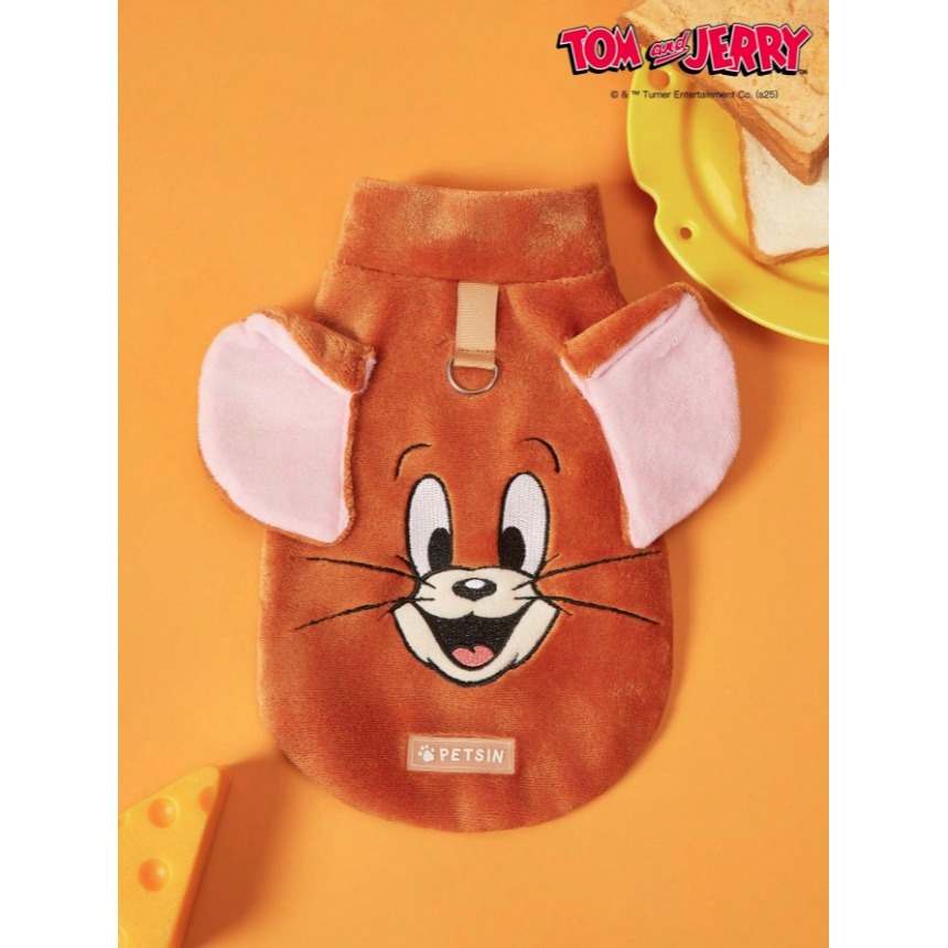 正版聯名 TOM&JERRY湯姆貓和傑利鼠  棕色刺繡老鼠寵物貓狗通用外套 帶扣毛絨保暖無袖外套 寵物衣服-細節圖2