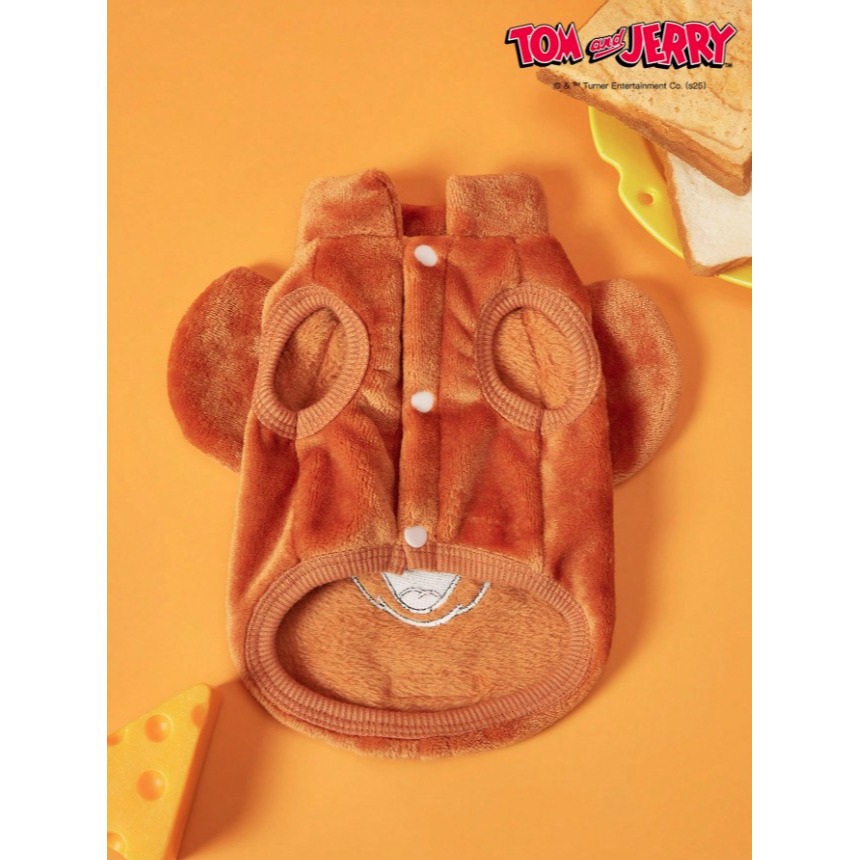 正版聯名 TOM&JERRY湯姆貓和傑利鼠  棕色刺繡老鼠寵物貓狗通用外套 帶扣毛絨保暖無袖外套 寵物衣服-細節圖3
