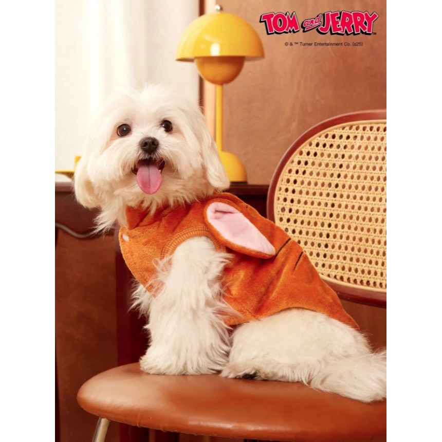 正版聯名 TOM&JERRY湯姆貓和傑利鼠  棕色刺繡老鼠寵物貓狗通用外套 帶扣毛絨保暖無袖外套 寵物衣服-細節圖4
