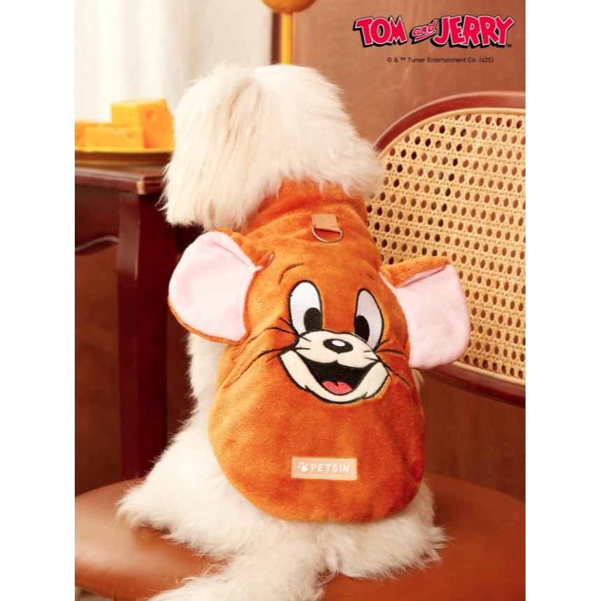 正版聯名 TOM&JERRY湯姆貓和傑利鼠  棕色刺繡老鼠寵物貓狗通用外套 帶扣毛絨保暖無袖外套 寵物衣服-細節圖5