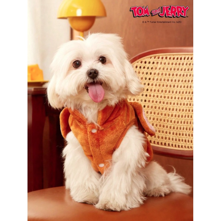 正版聯名 TOM&JERRY湯姆貓和傑利鼠  棕色刺繡老鼠寵物貓狗通用外套 帶扣毛絨保暖無袖外套 寵物衣服-細節圖6