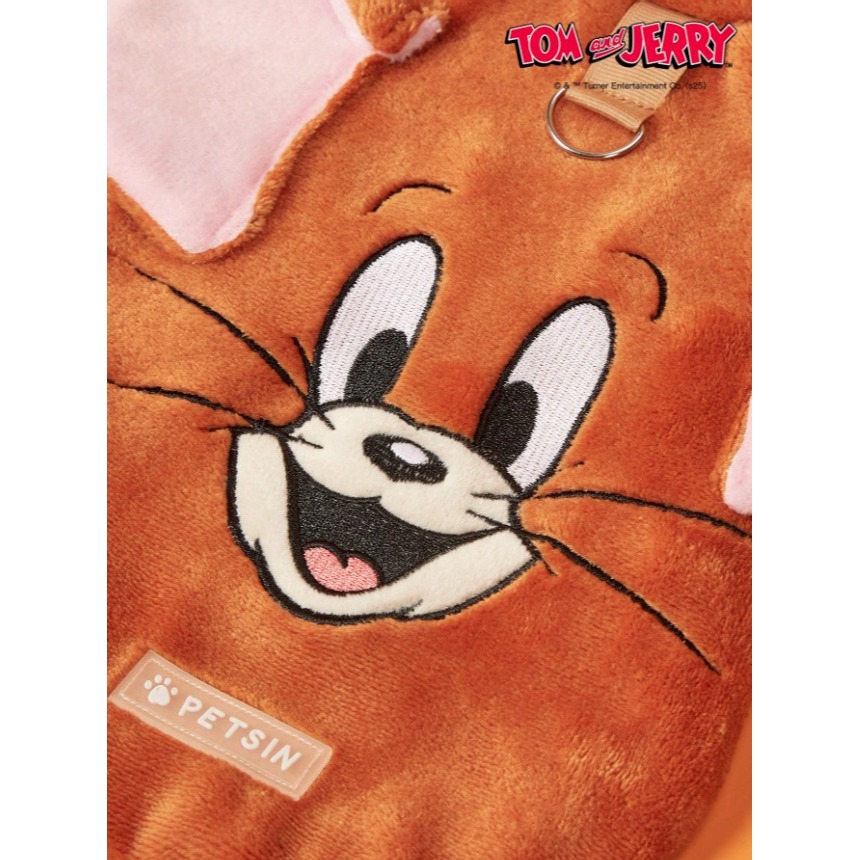正版聯名 TOM&JERRY湯姆貓和傑利鼠  棕色刺繡老鼠寵物貓狗通用外套 帶扣毛絨保暖無袖外套 寵物衣服-細節圖7