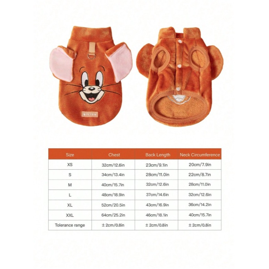 正版聯名 TOM&JERRY湯姆貓和傑利鼠  棕色刺繡老鼠寵物貓狗通用外套 帶扣毛絨保暖無袖外套 寵物衣服-細節圖8