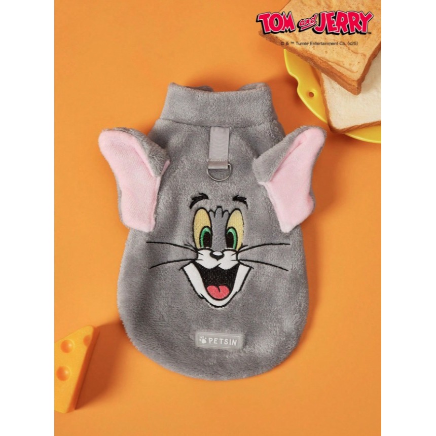 正版聯名 TOM&JERRY湯姆貓和傑利鼠  灰色刺繡貓咪寵物貓狗通用外套 帶扣毛絨保暖無袖外套 寵物衣服-細節圖2