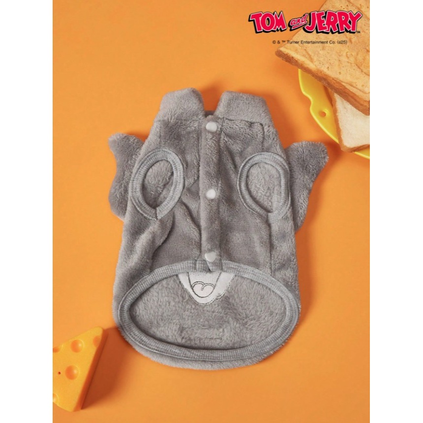 正版聯名 TOM&JERRY湯姆貓和傑利鼠  灰色刺繡貓咪寵物貓狗通用外套 帶扣毛絨保暖無袖外套 寵物衣服-細節圖3